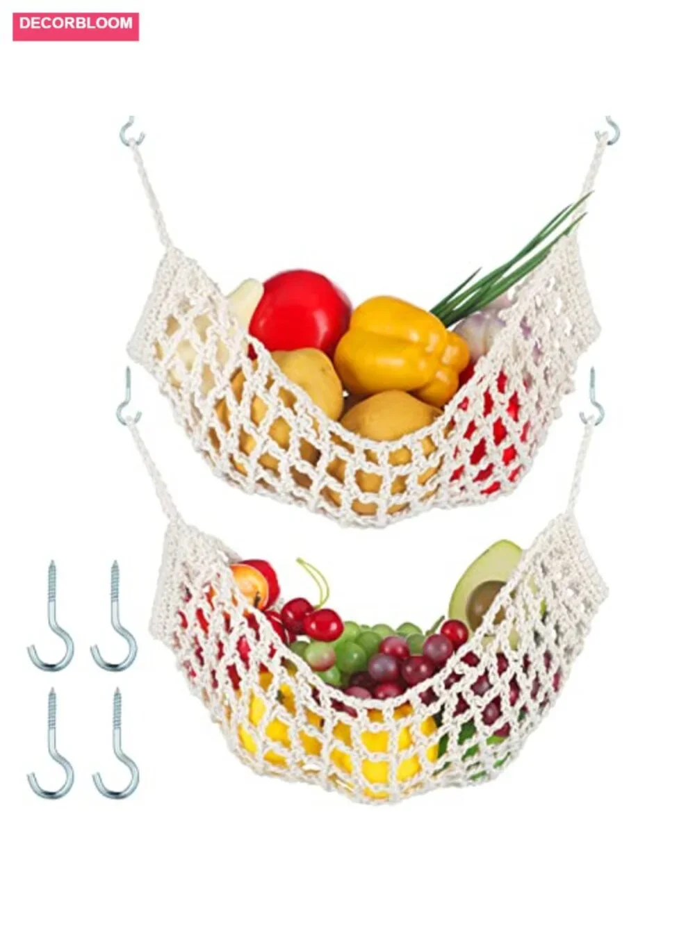 Large Macrame Fruit Hammock Hanging Basket Handwoven Cotton Under Cabinet